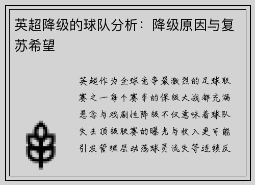 英超降级的球队分析：降级原因与复苏希望