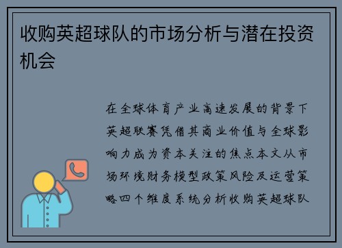 收购英超球队的市场分析与潜在投资机会